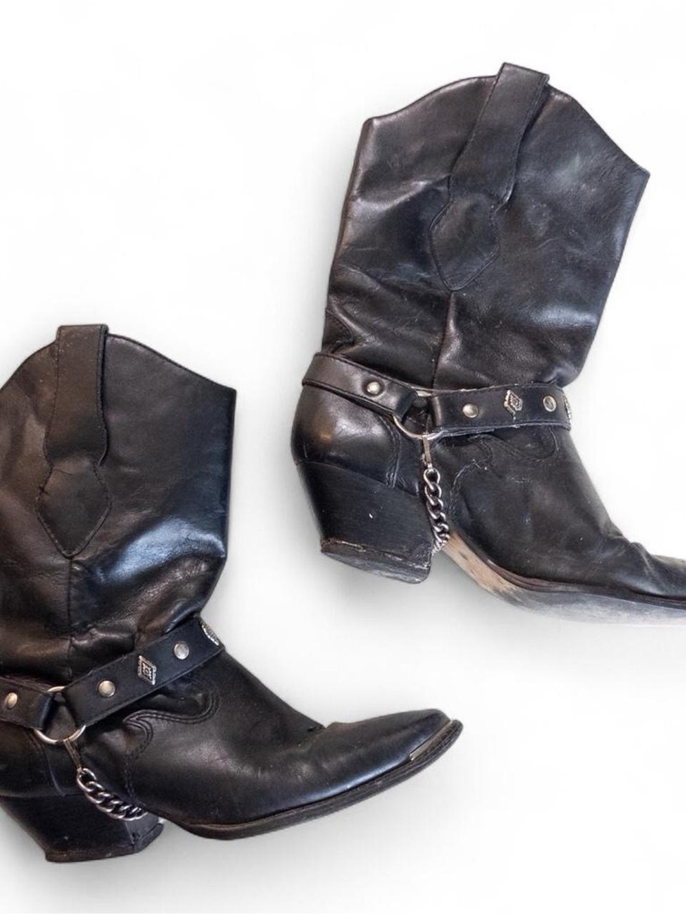 Vintage Code West Black Leather Cowboy Boots Harness Chain Women’s Size 7.5